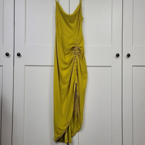 Pretty little things chartreuse mesh strappy cowl neck ruched skirt midi dress - Picture 5 of 12
